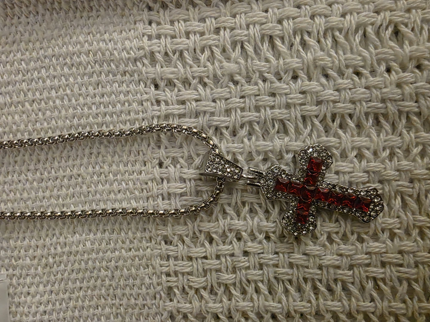 Silver Tone Chain Necklace with Red Cross Pendant