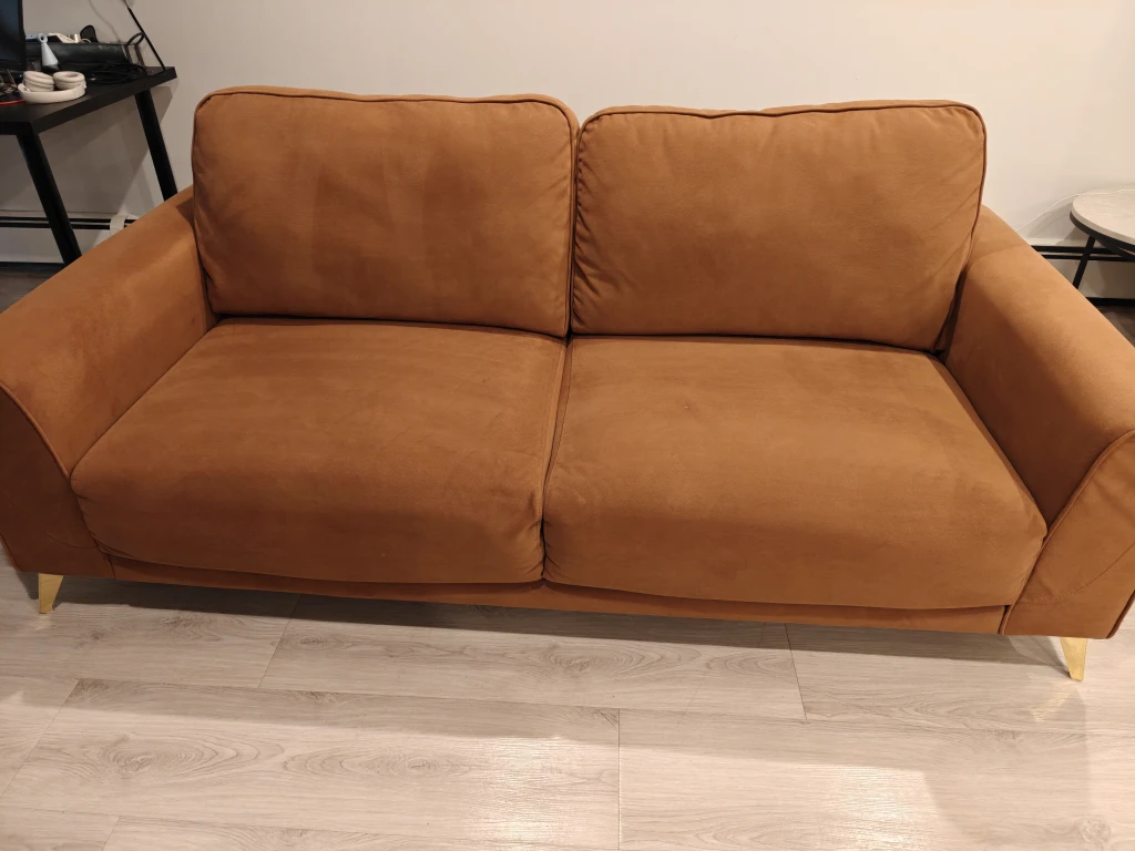 MINT Tan Mid-Century Modern Sofa – Gold Legs