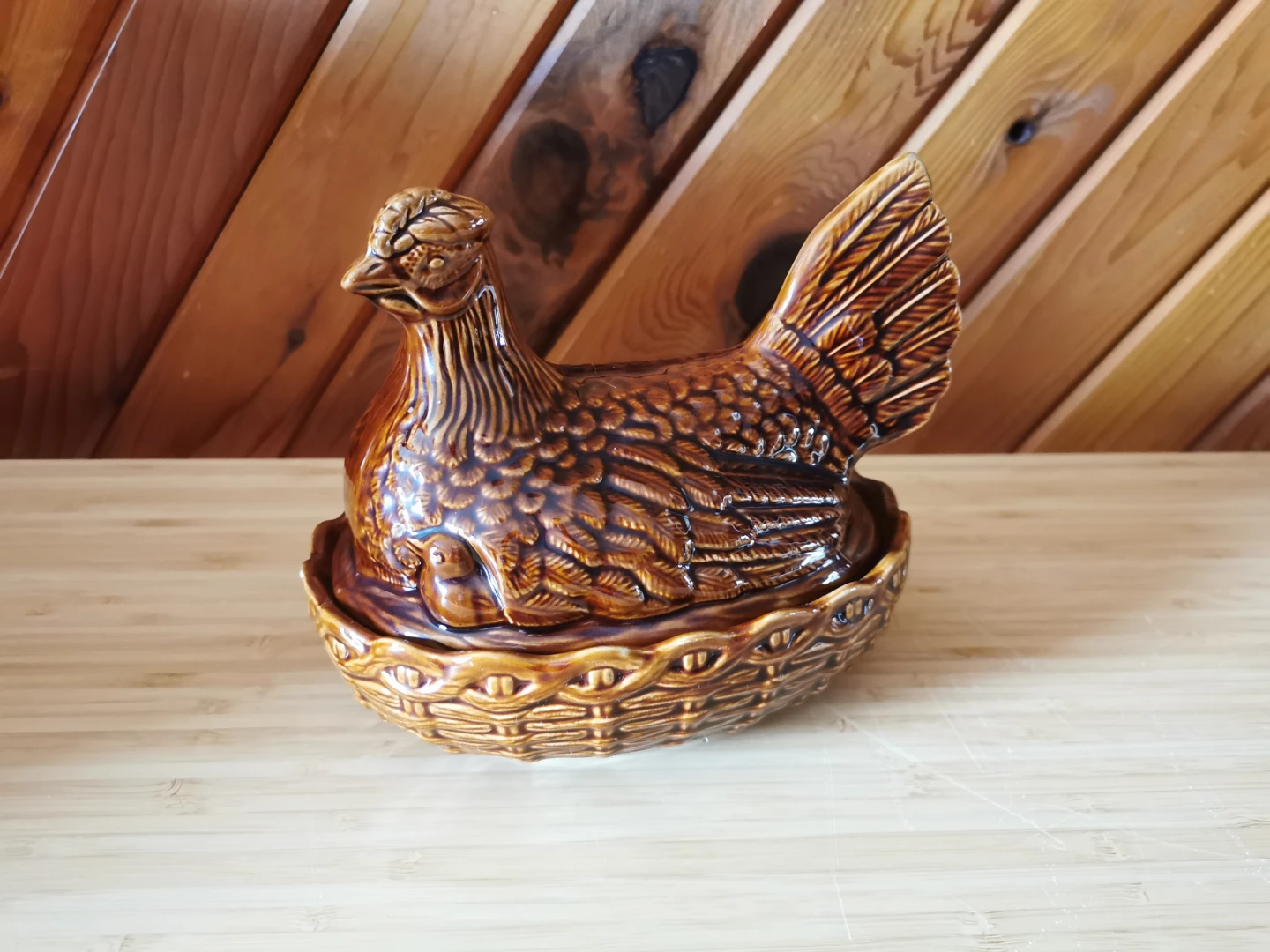 Vintage Brown Glazed Pottery Hen on Nest Covered Dish