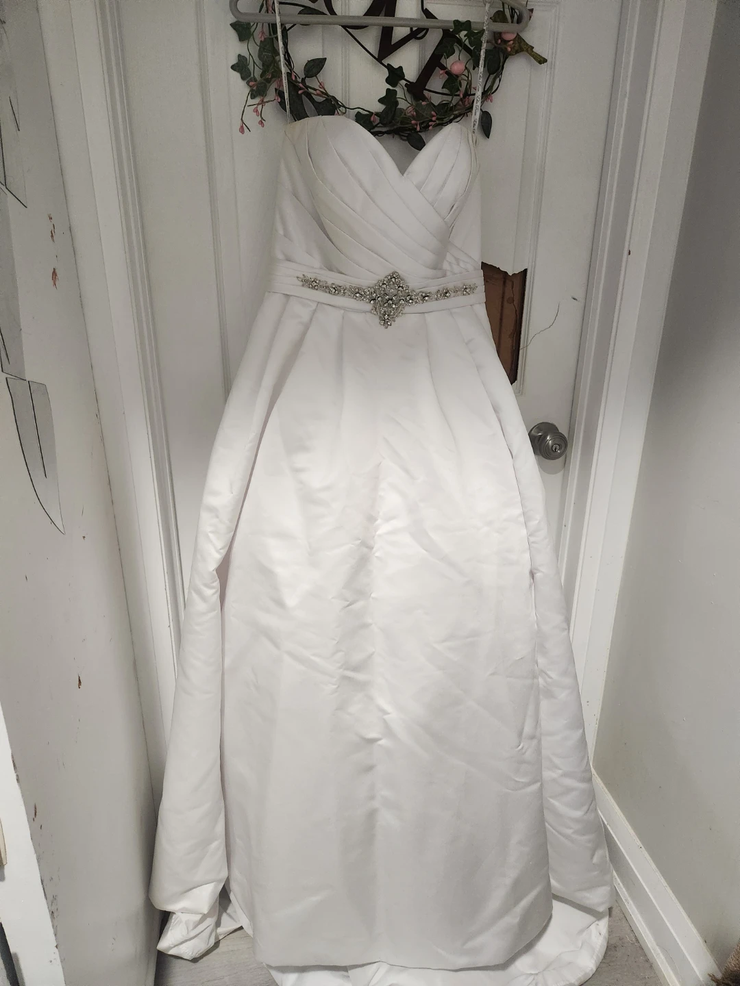 White Strapless Wedding Dress with Embellished Belt