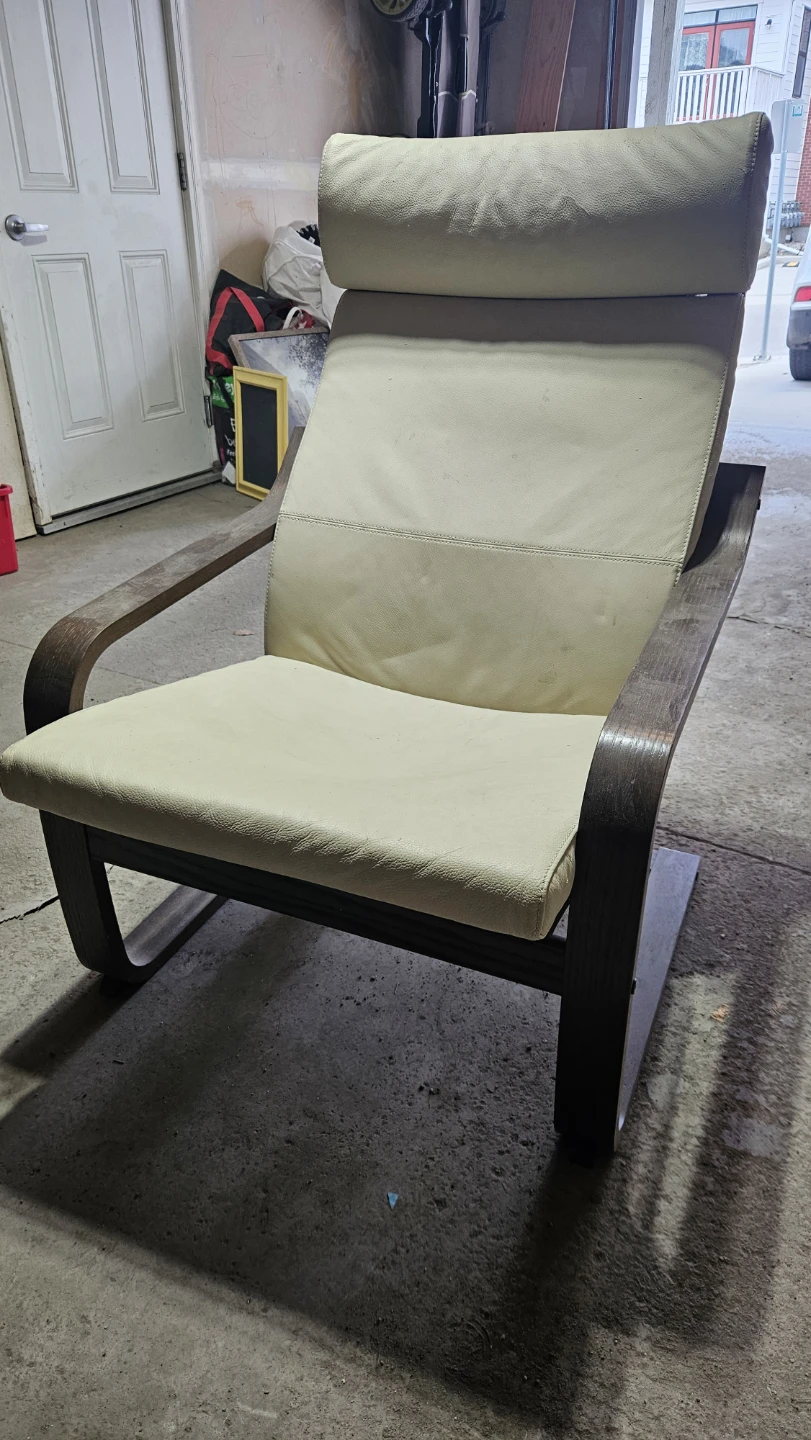 Cream Leather Armchair with Wood Frame
