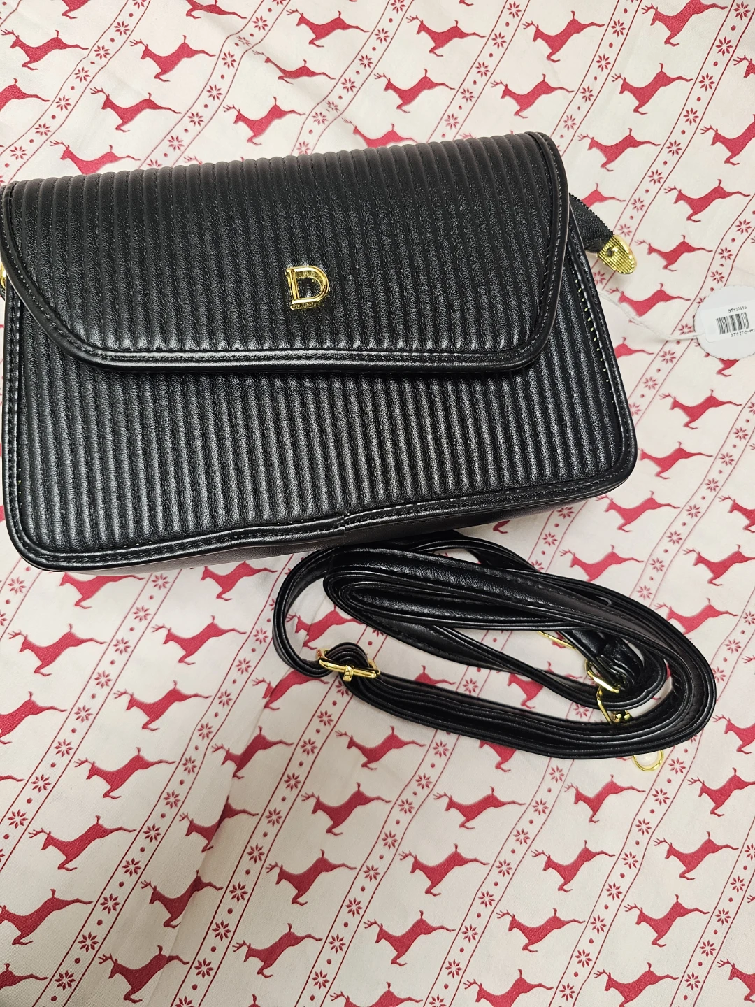 Black Faux Leather Crossbody Bag with Gold 'D' Accent