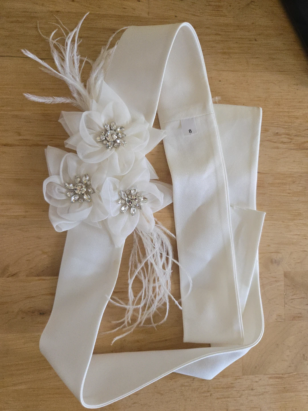 Mikella Ivory Wedding Dress Sash  Rhinestone Flowers  Feathers