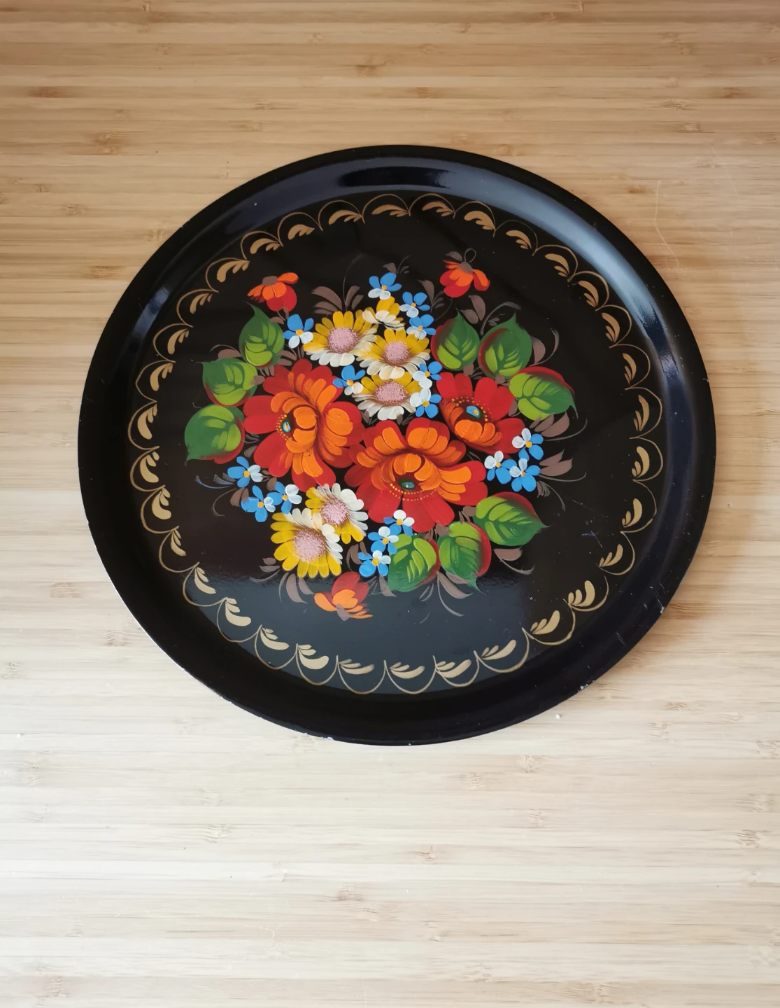 Vintage Hand Painted Floral Metal Tray Round Black Folk Art - photo 4