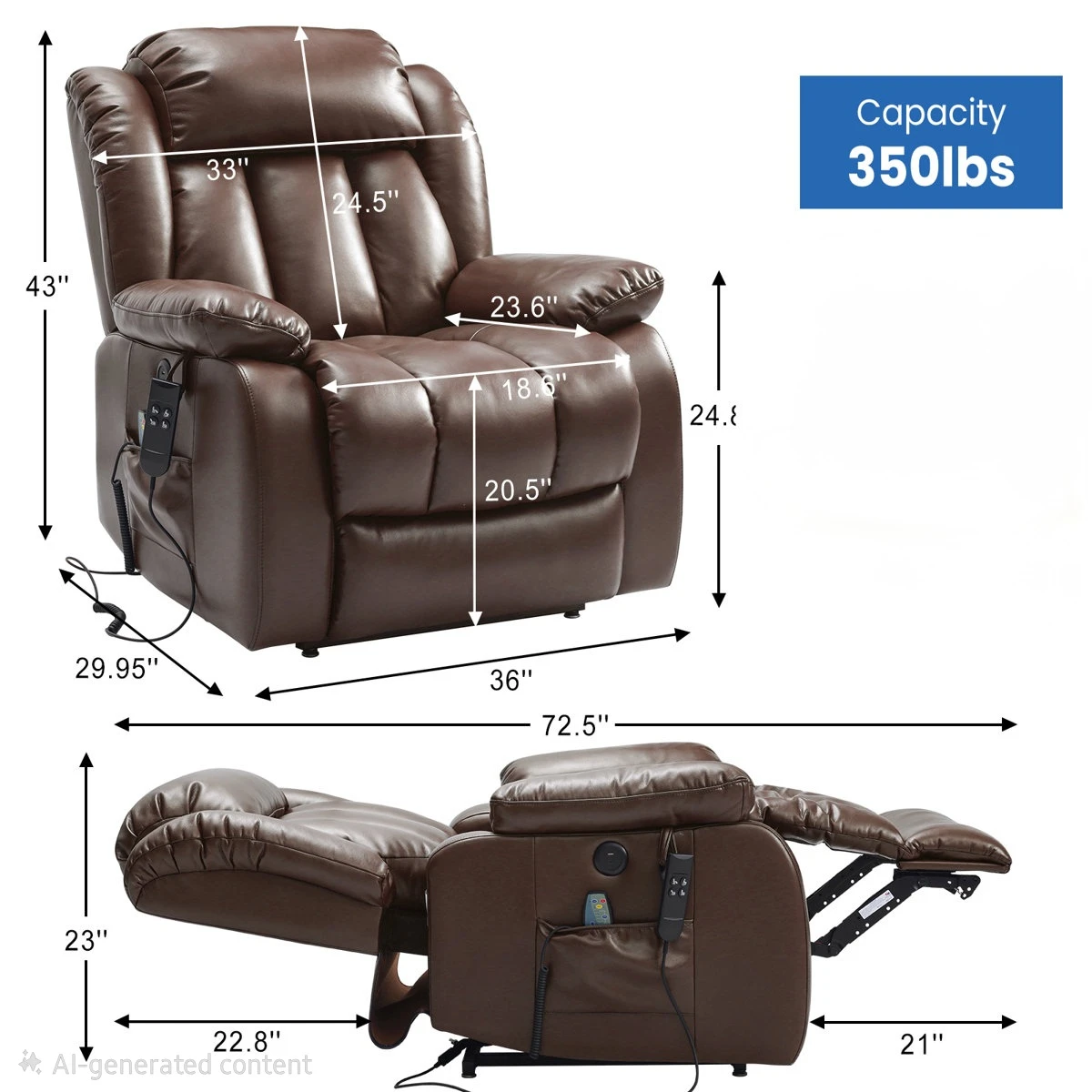 Brown Faux Leather Recliner Chair with Heat and Massage - photo 4