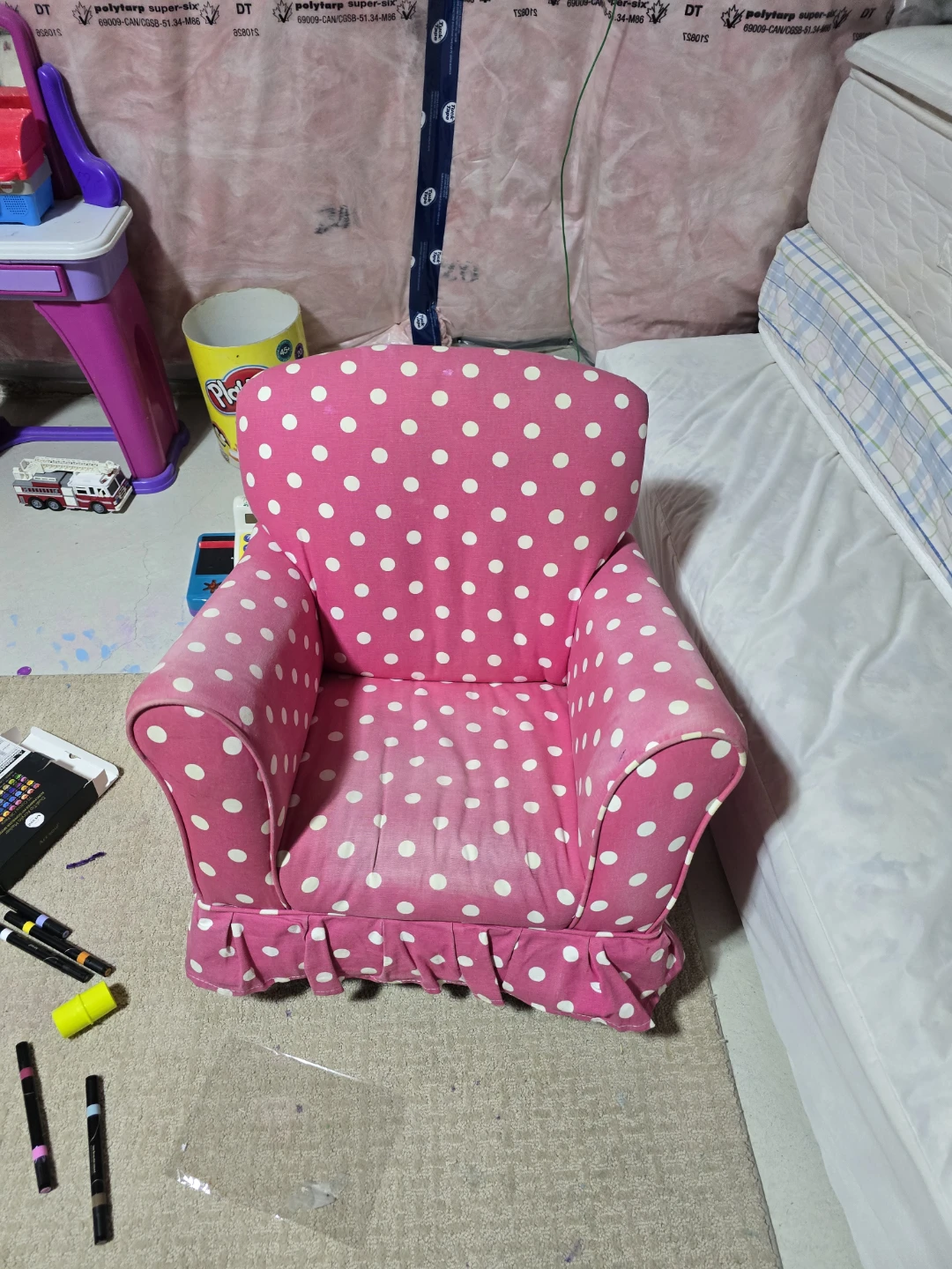 Pink Polka Dot Upholstered Kids Armchair Used