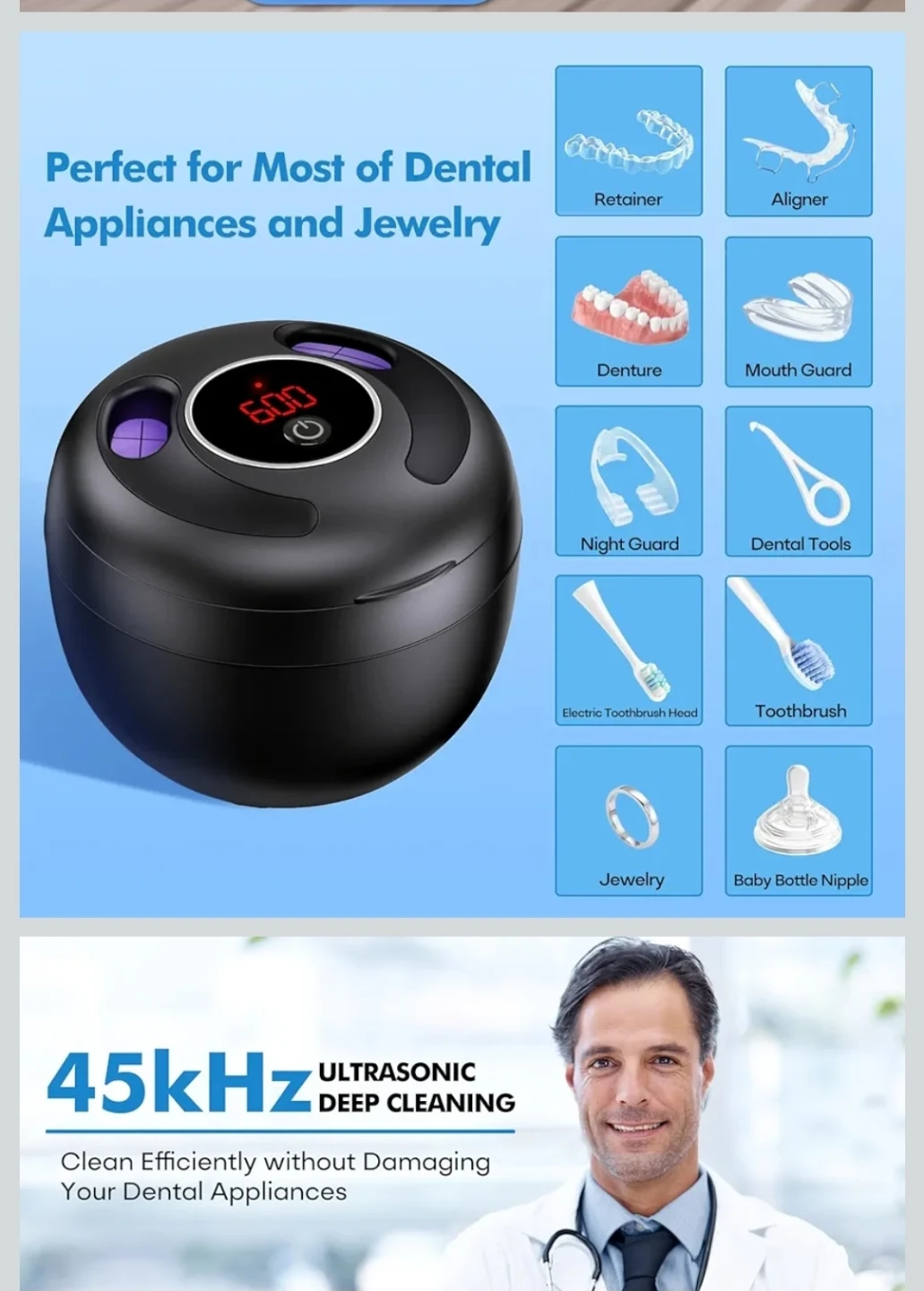 NEW Upgraded Ultrasonic UV Cleaner Machine 45kHz  Dentures Jewel