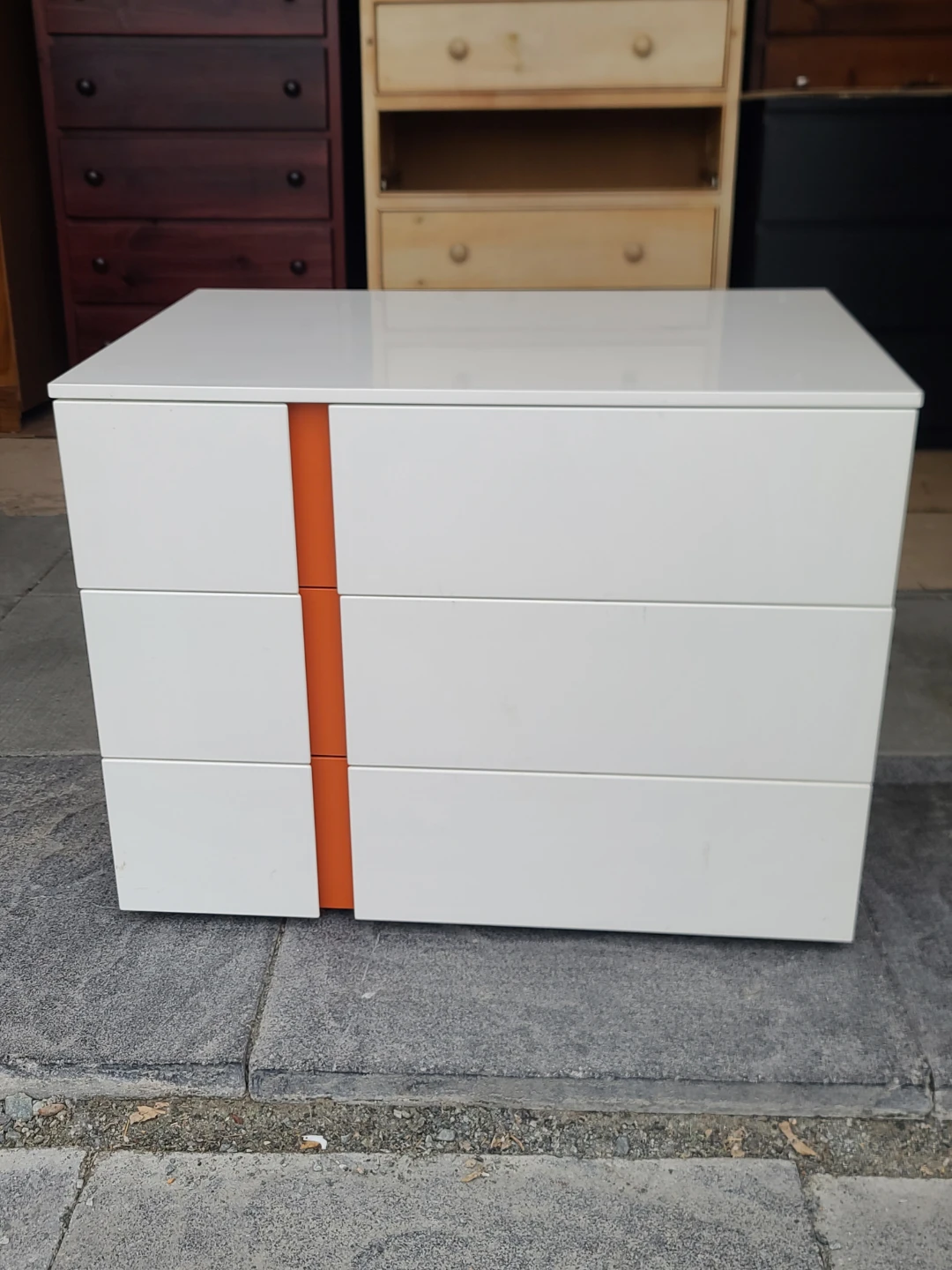White 3-Drawer Dresser with Orange Accents