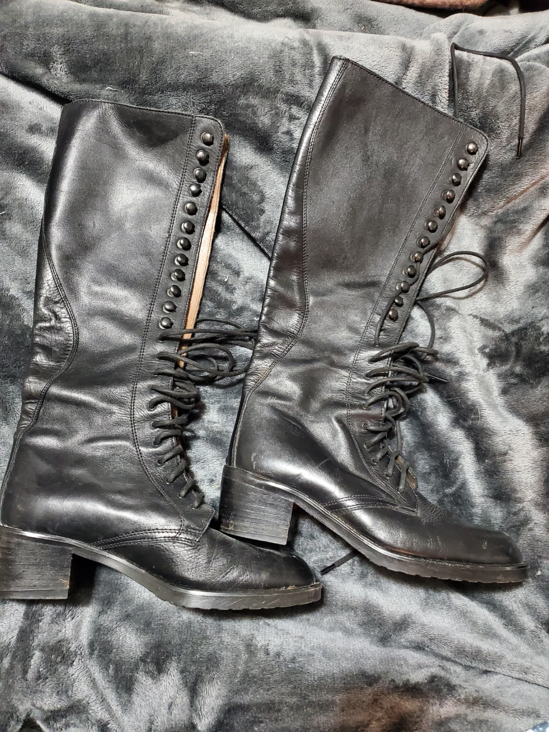 Black Leather Lace-Up Knee-High Boots Size 36