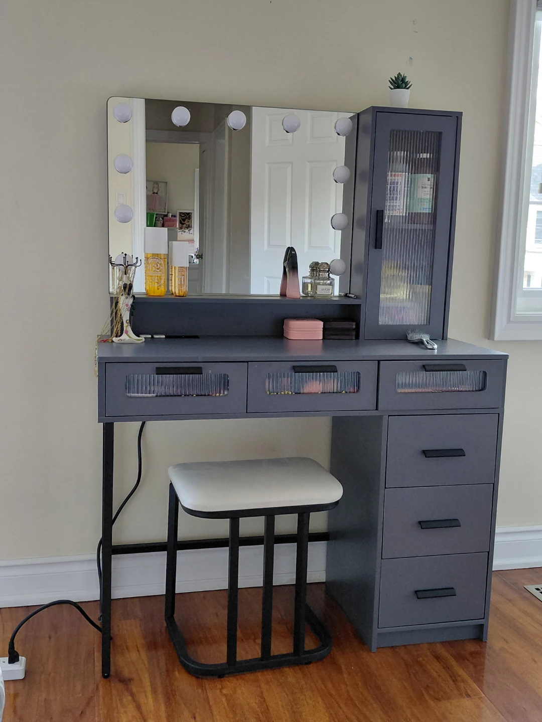 Grey Vanity Desk with Lighted Mirror and Stool - photo 2