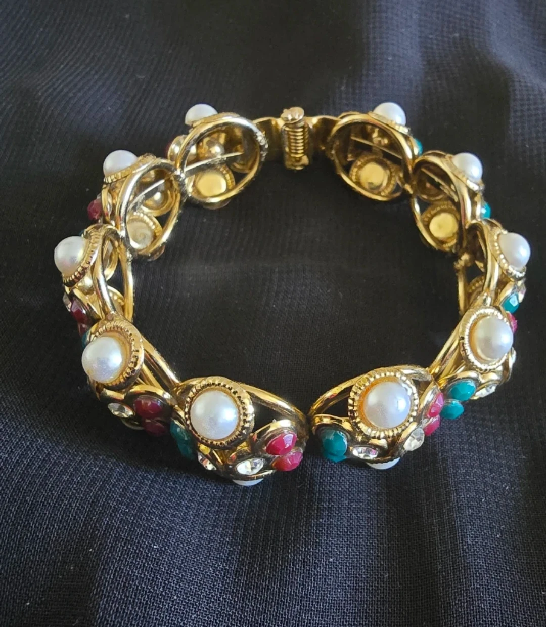 Gold tone statement bracelet with faux pearls and gems - photo 3