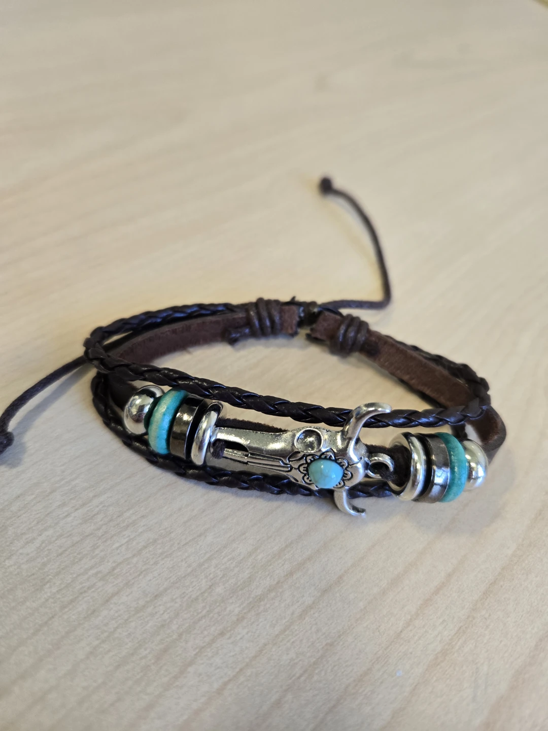 Leather Bracelet with Bull Skull Charm