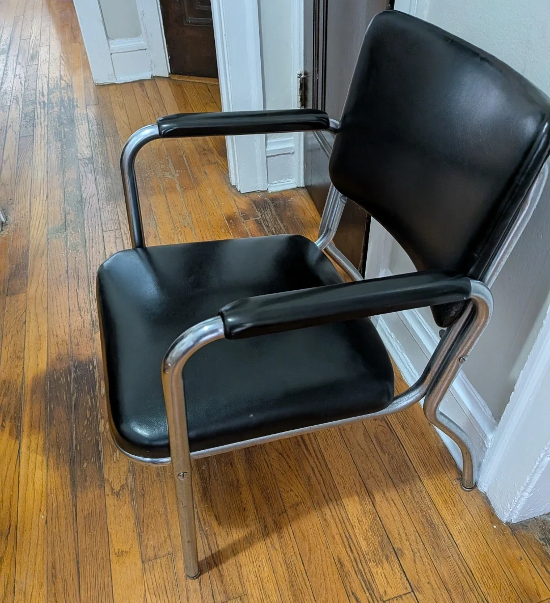 Vintage Black Vinyl and Chrome Armchair