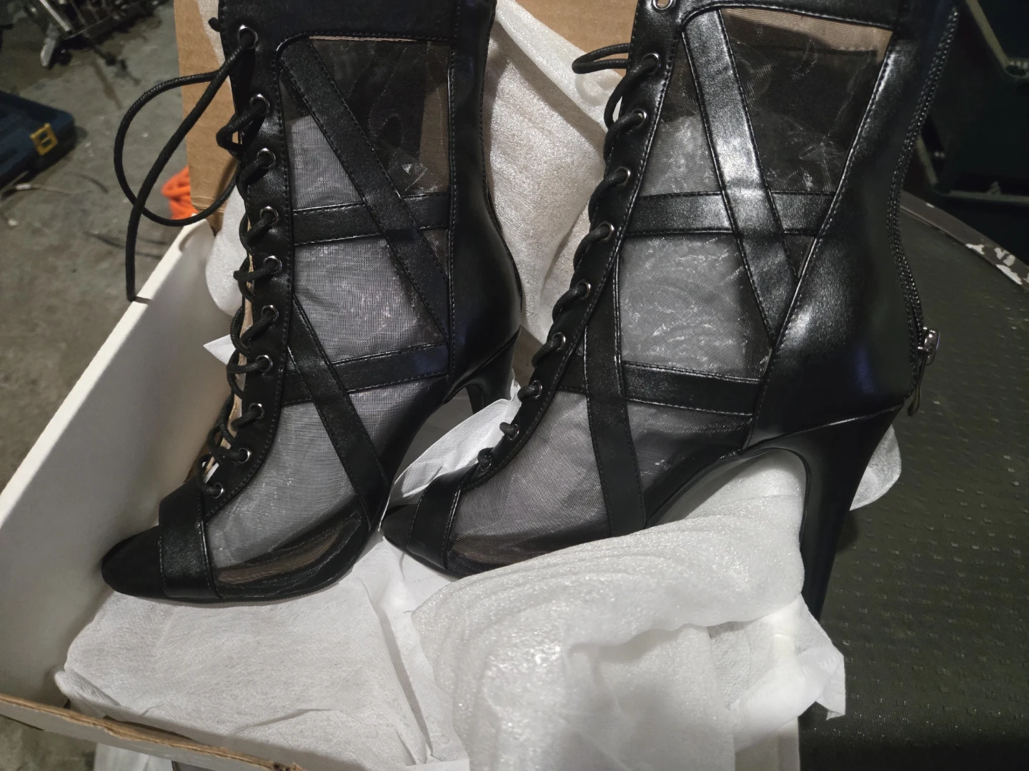 Black Lace-Up Mesh Heeled Booties