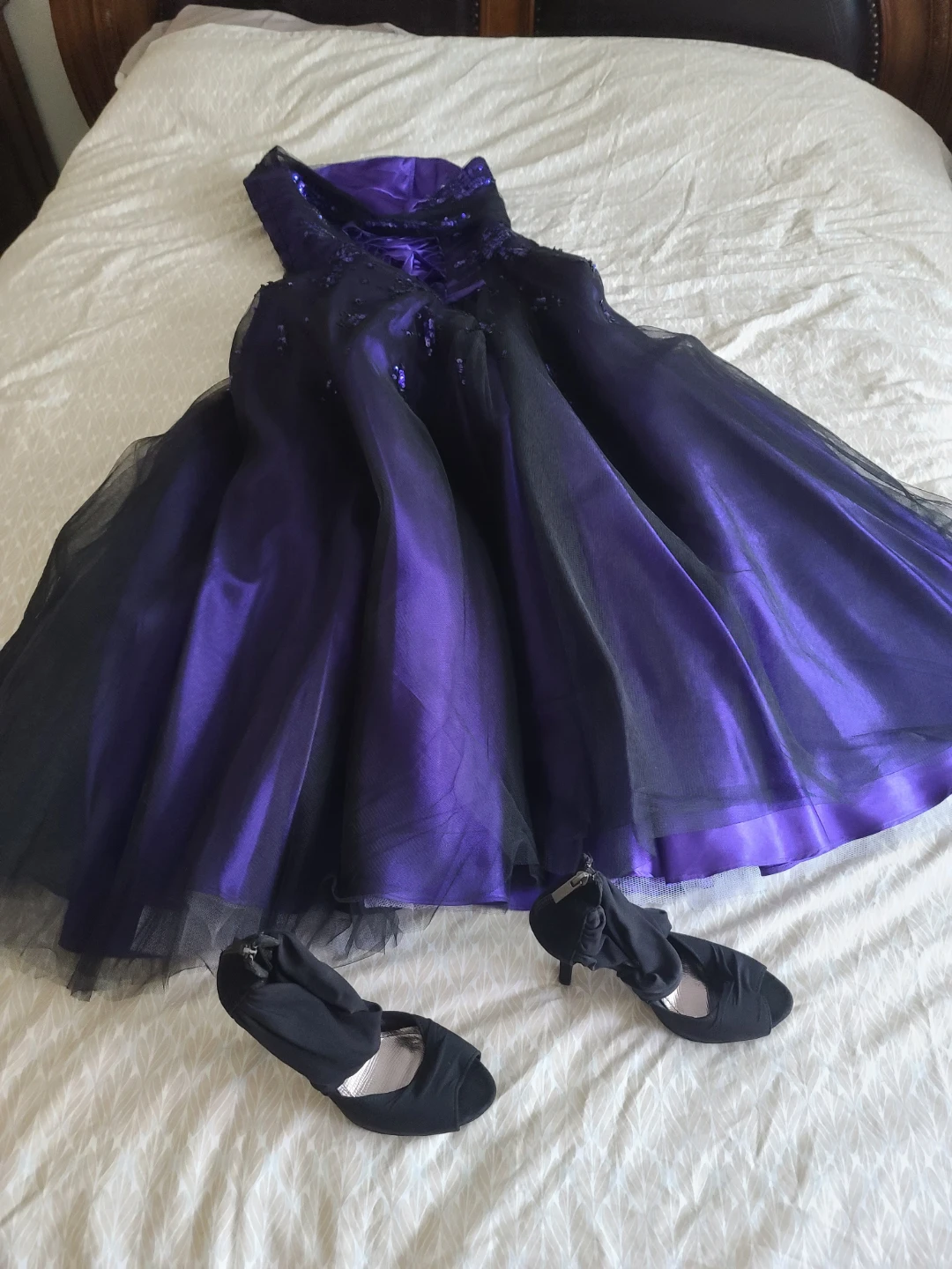 Purple and Black Sequin Ball Gown with Heels