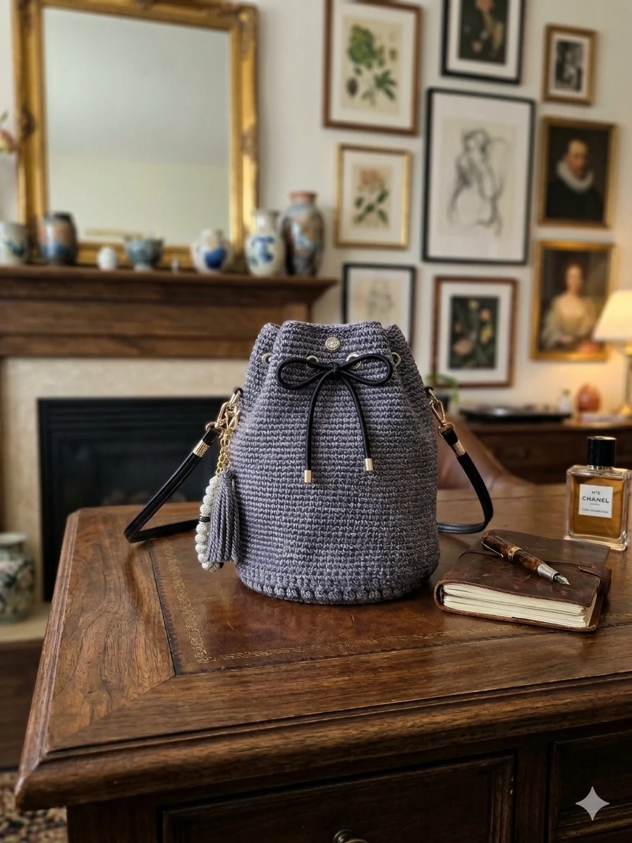 Grey Crochet Bucket Bag with Tassel