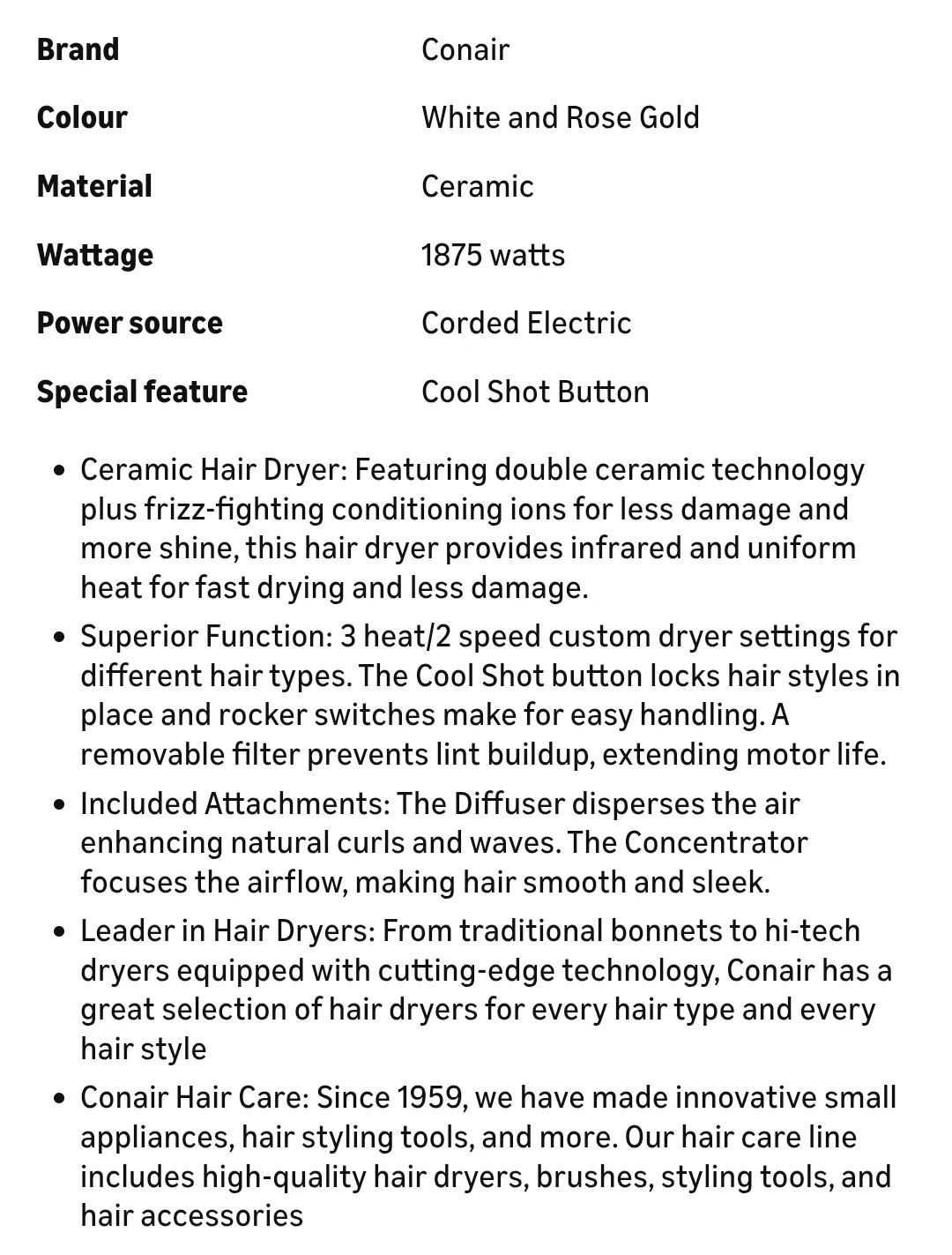 Conair 1875 Double Ceramic Hair Dryer - White & Rose Gold - photo 4