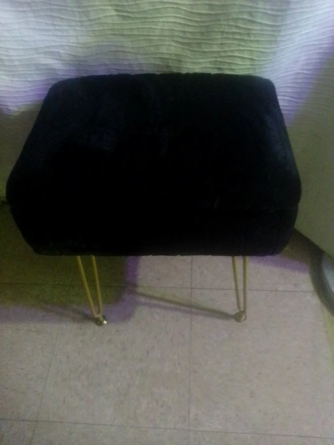 Black Faux Fur Storage Ottoman with Gold Legs