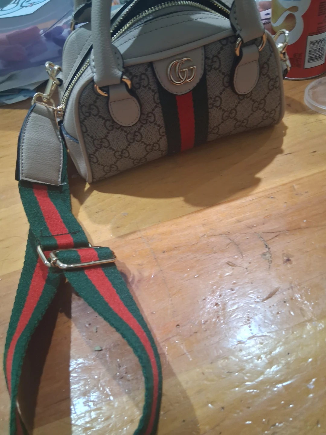 Gucci Style Monogrammed Mini Duffle Bag with Striped Strap