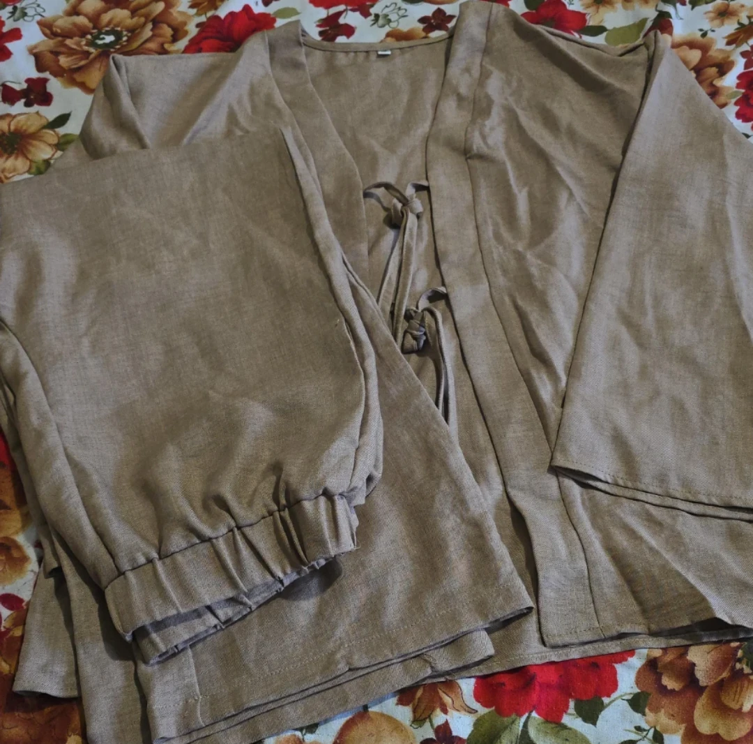 Linen Blend Kimono Style Top and Pants Set
