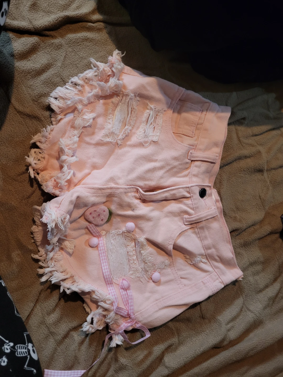 Pink Distressed Denim Shorts with Strawberry Detail