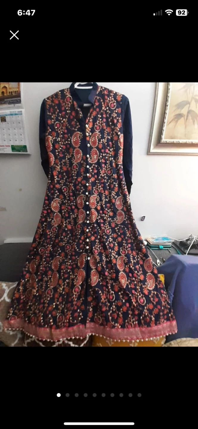 Embroidered Navy Blue Dress with Scarf