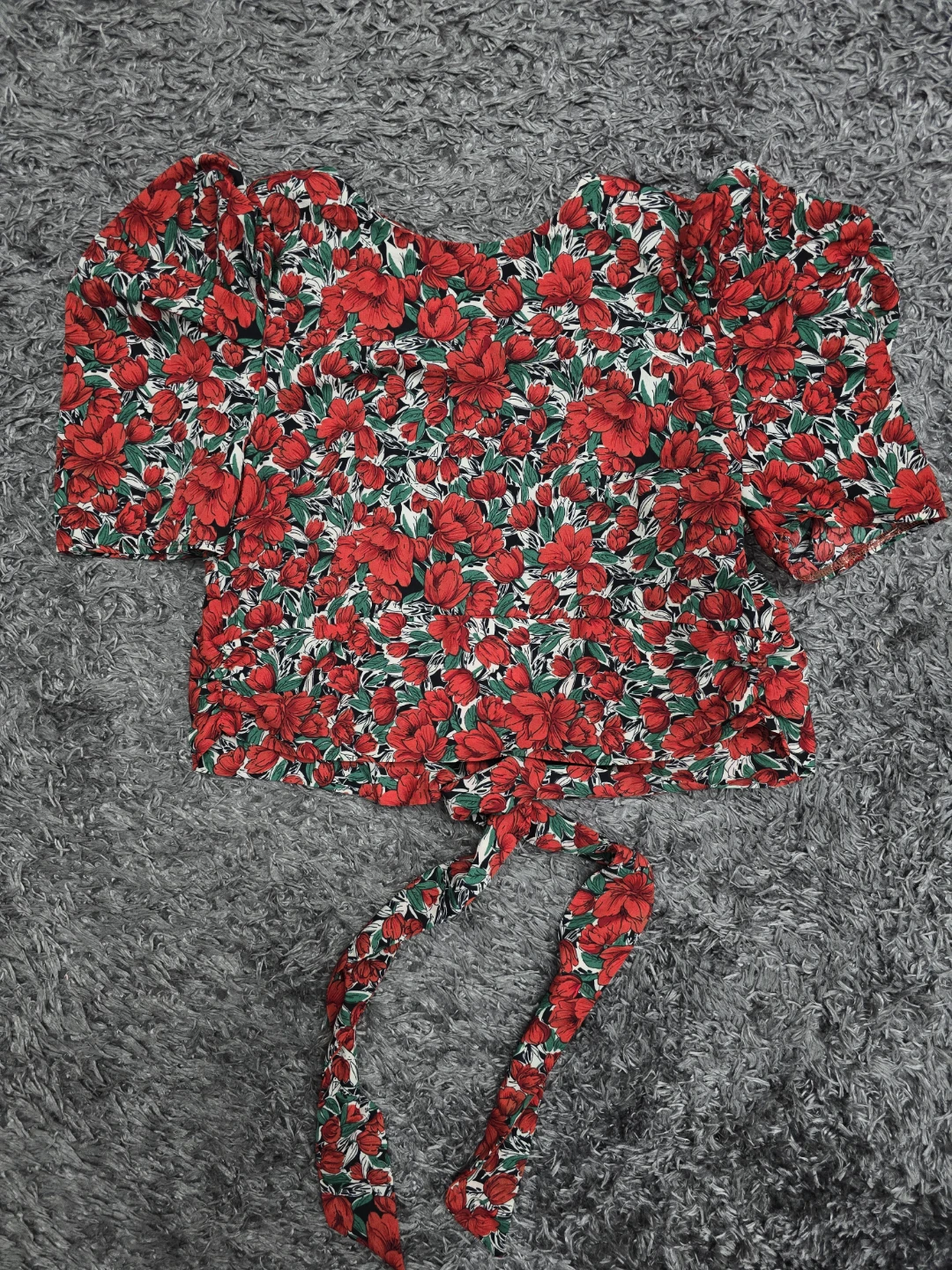 Red Floral Puff Sleeve Tie Front Top (L) - photo 4