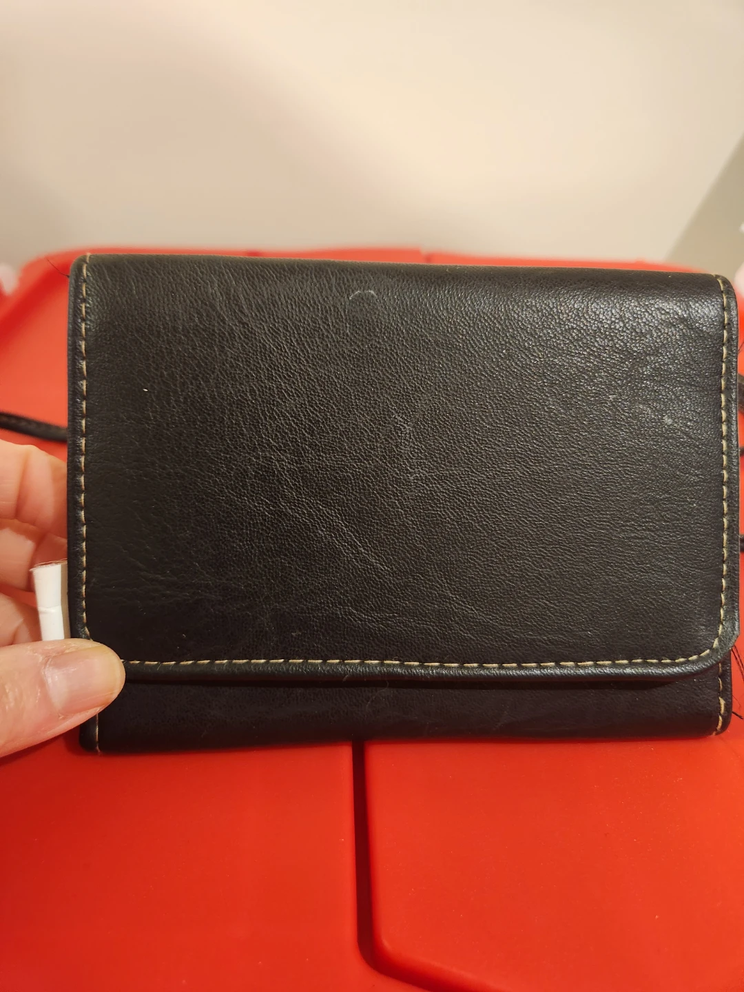 Black Faux Leather Tri-Fold Wallet with Strap