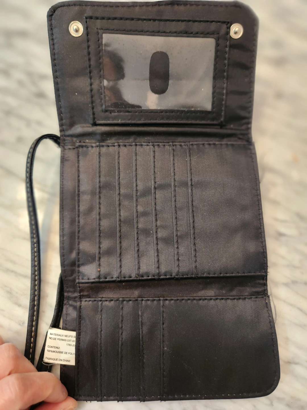 Black Faux Leather Tri-Fold Wallet with Strap - photo 2