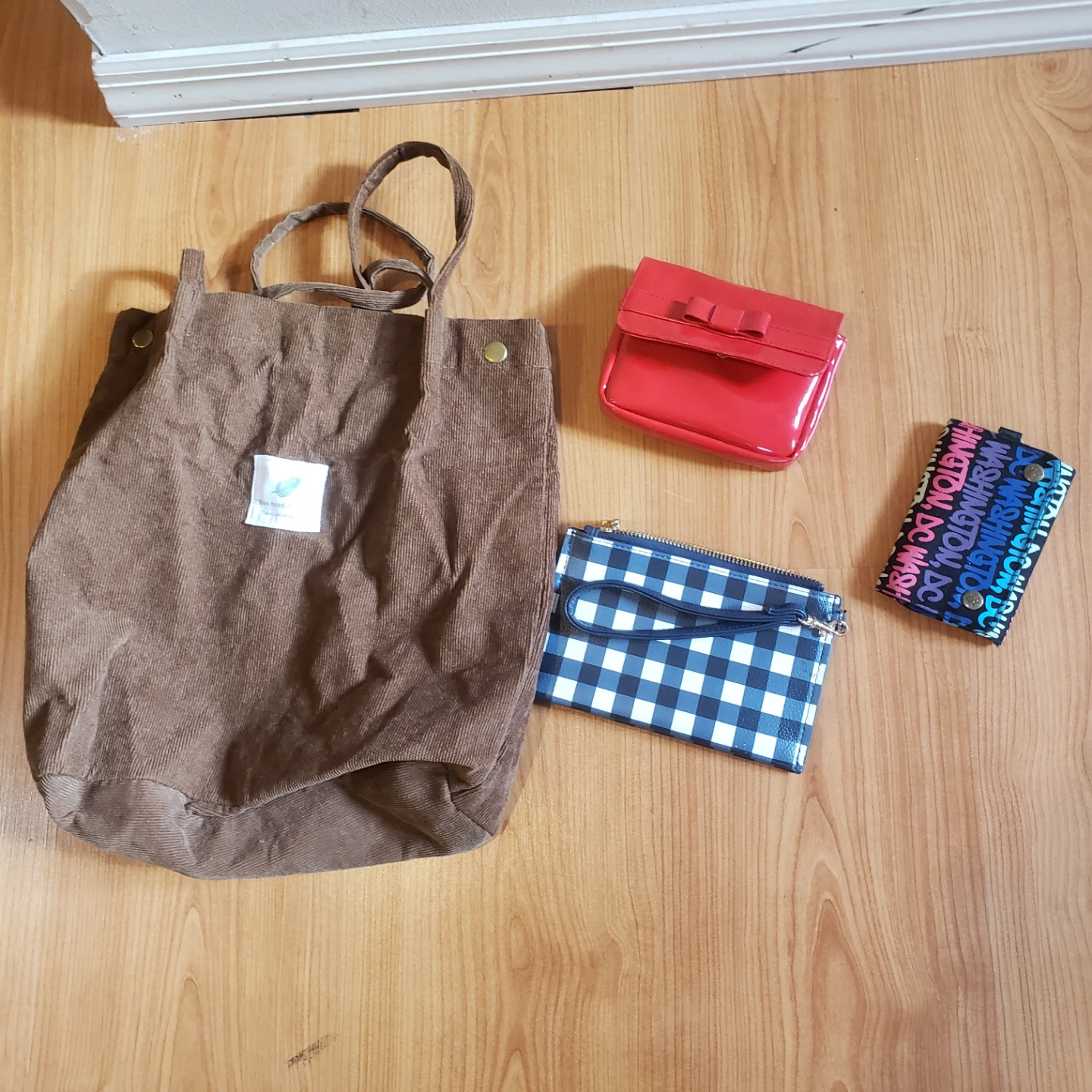 Brown Corduroy Tote Bag with Red and Blue Wallets