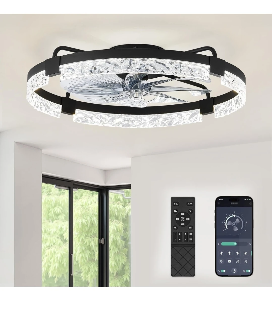 Black Ceiling Fan with Crystal Accents and Remote Control