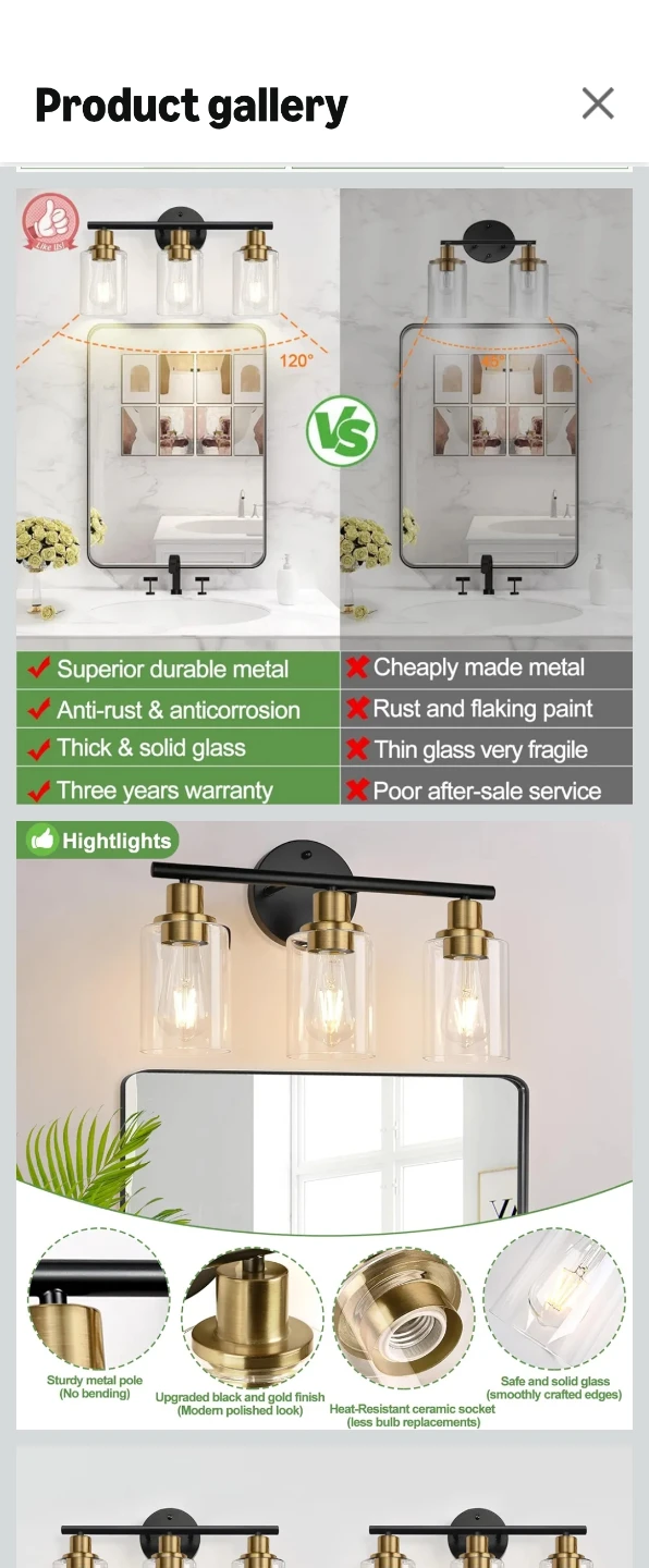 3-Light Black and Gold Vanity Light Fixture - photo 2