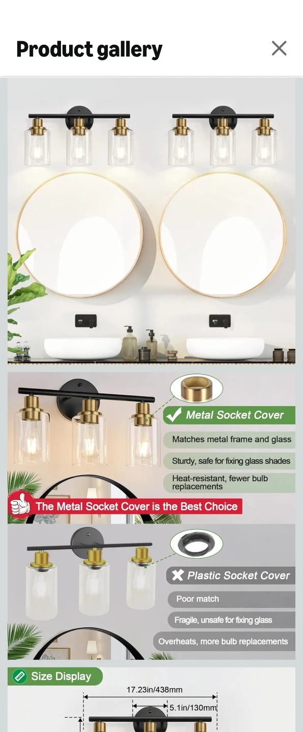 3-Light Black and Gold Vanity Light Fixture - photo 3