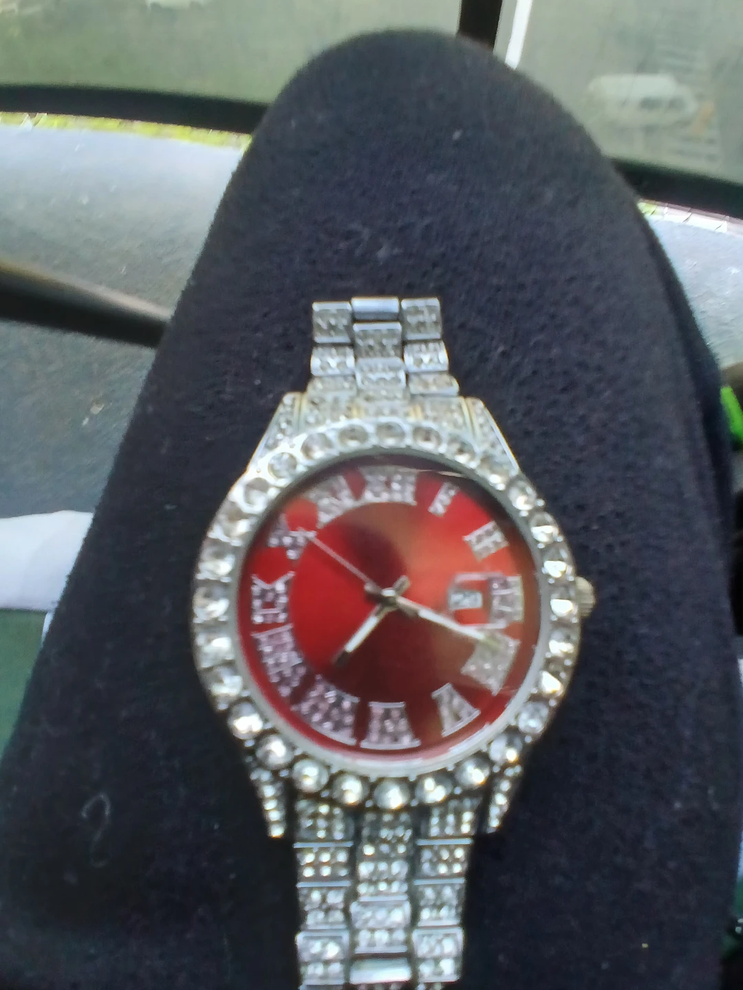Men's Watch with Red Face and Rhinestone Bezel - photo 2