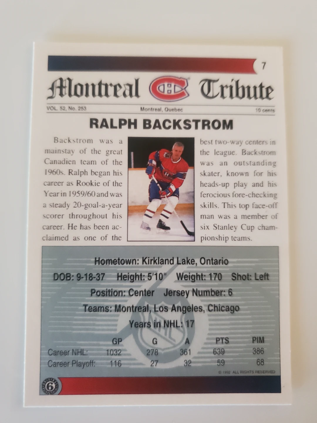 Ralph Backstrom Montreal Canadiens Hockey Card - photo 2