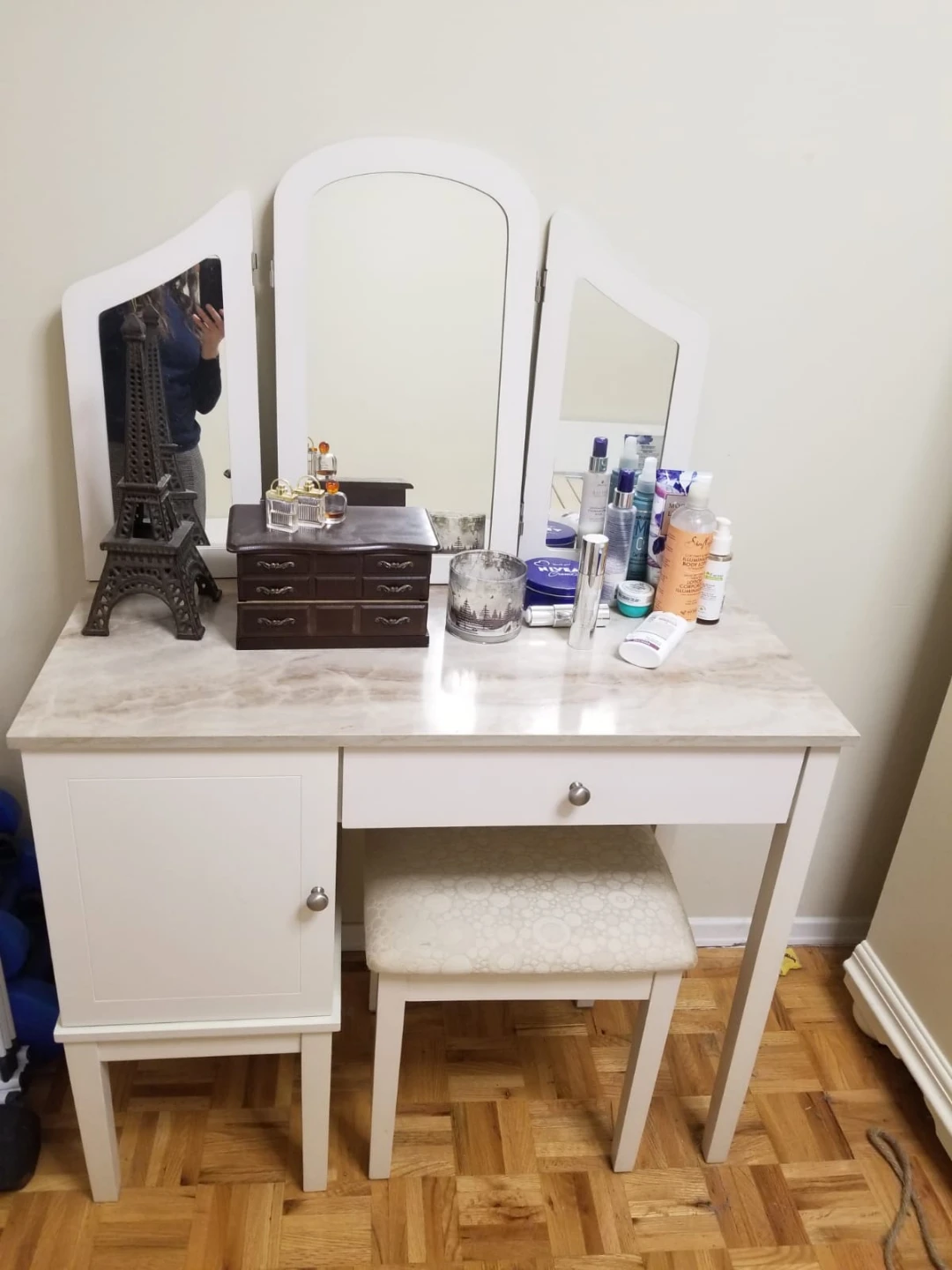 White Vanity Table with Tri-Fold Mirror and Stool
