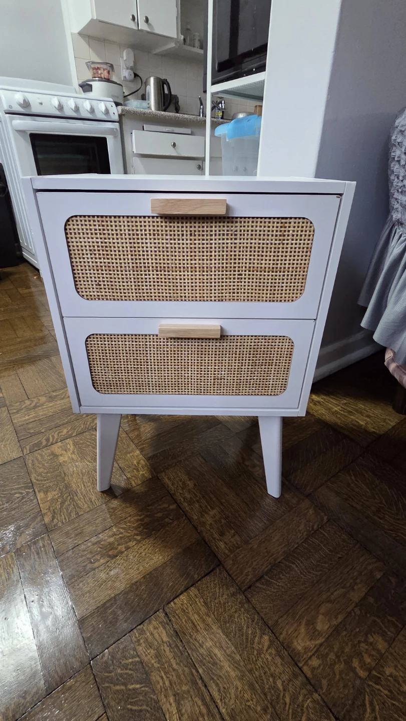 White Nightstand with 2-Drawer Rattan Fronts