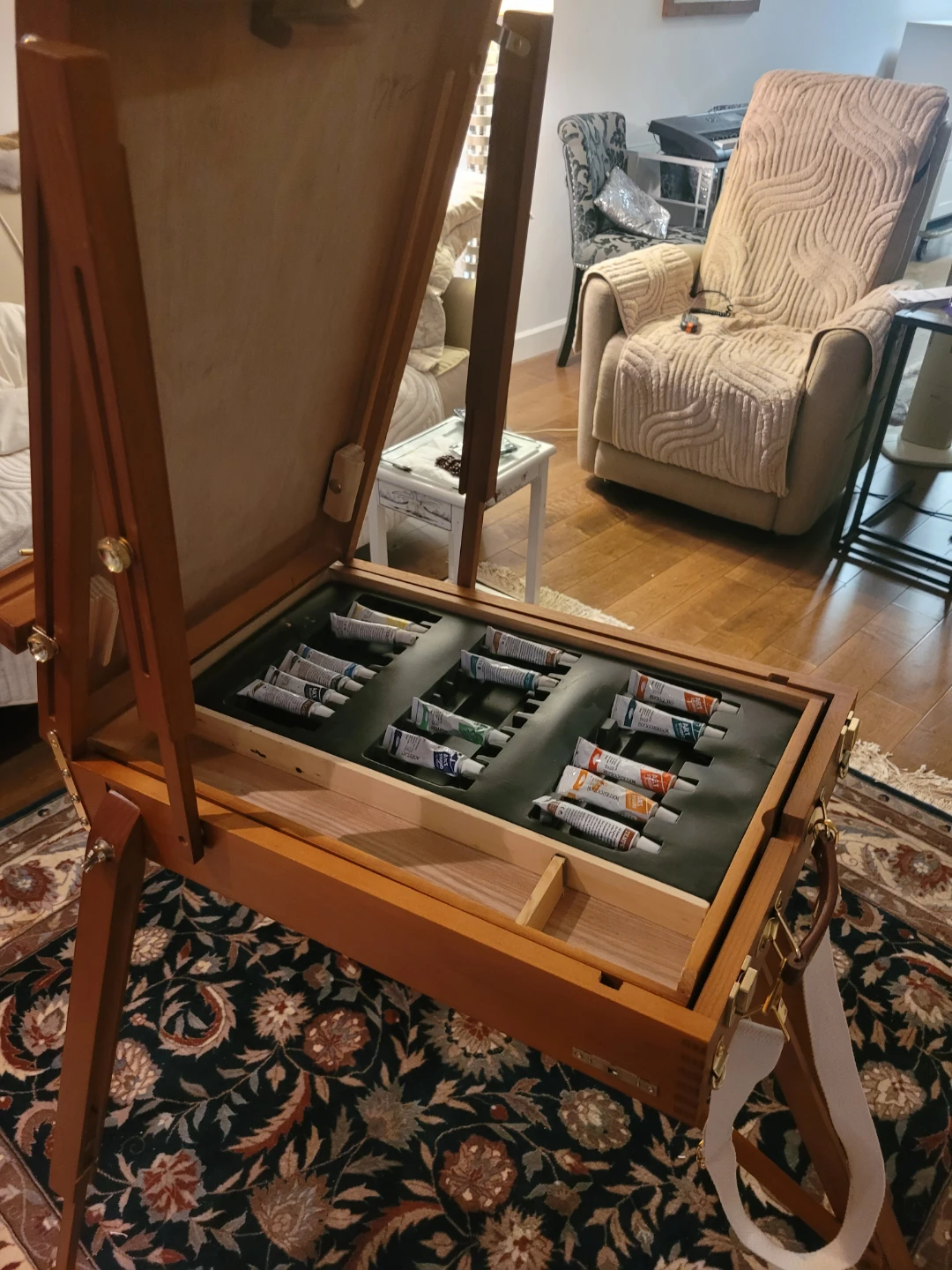 Wooden Art Easel with Paint Tubes and Palette