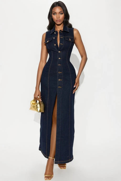 Dark Wash Denim Maxi Dress - Fashion Nova