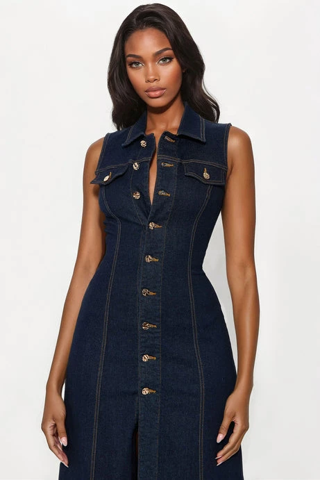 Dark Wash Denim Maxi Dress - Fashion Nova - photo 2