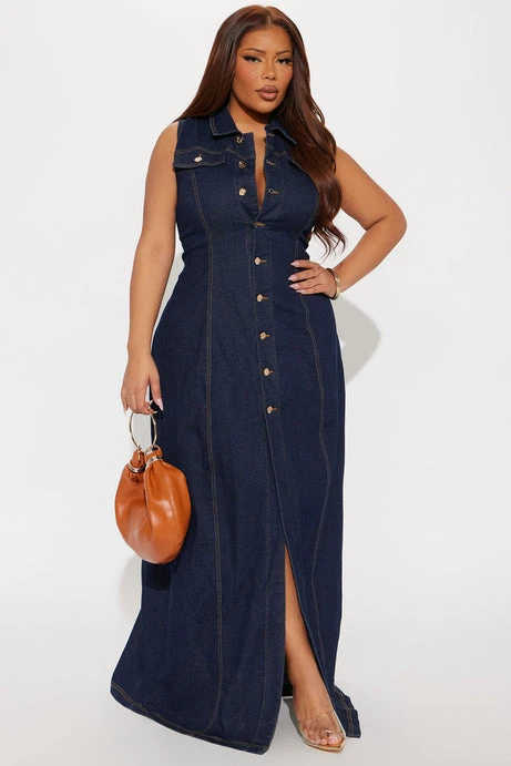 Dark Wash Denim Maxi Dress - Fashion Nova - photo 4