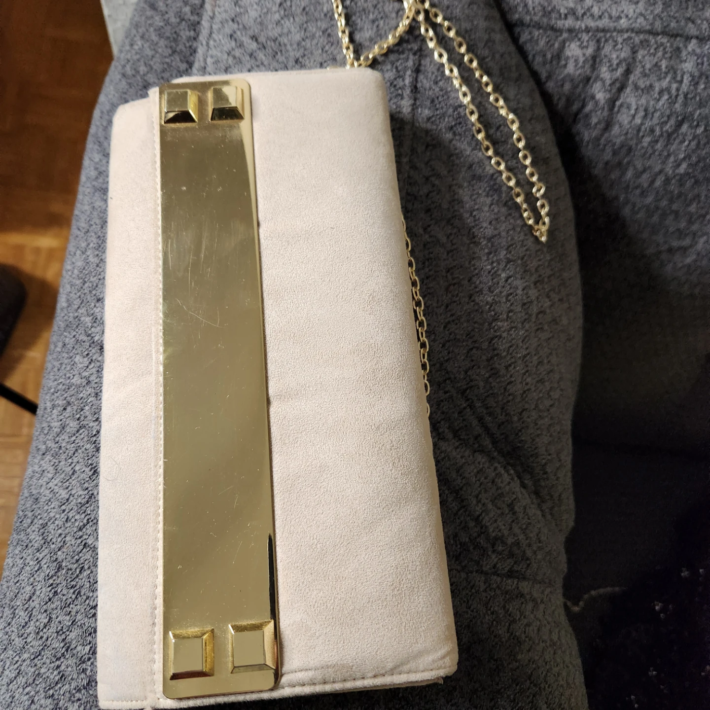 Cream Suede Clutch with Gold Chain and Black