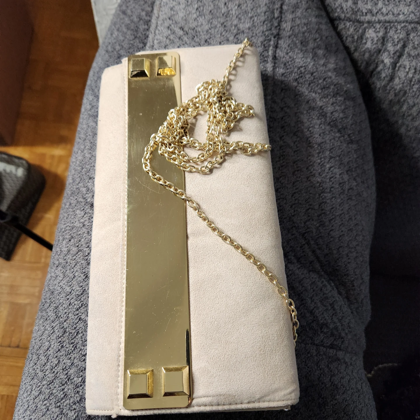Cream Suede Clutch with Gold Chain and Black - photo 2