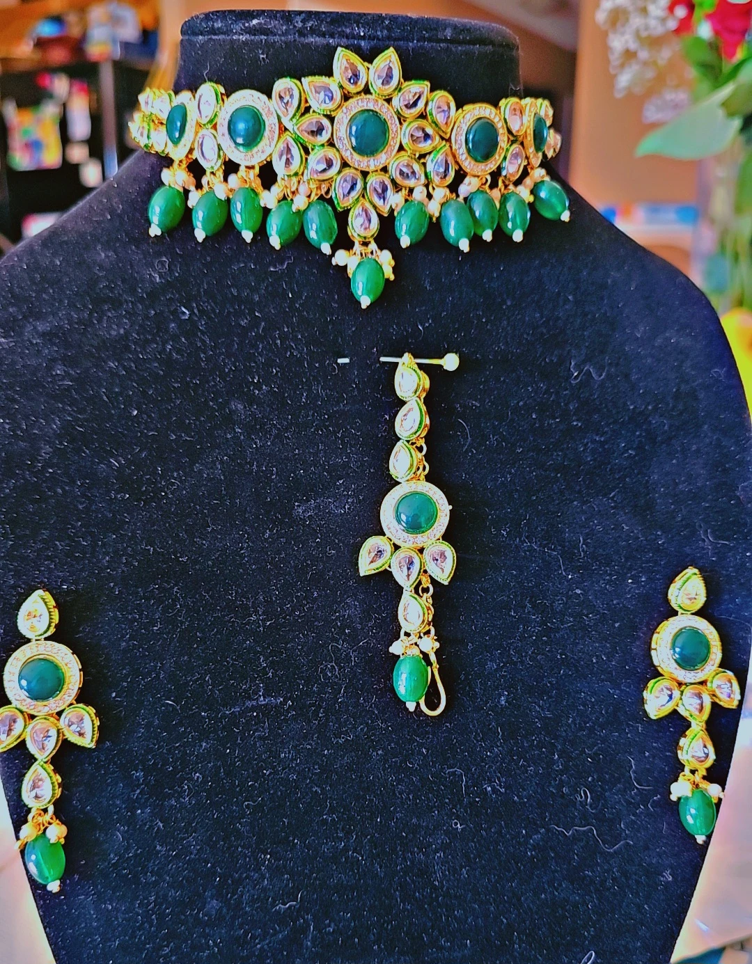Polki Jewellery Set with Green Beads
