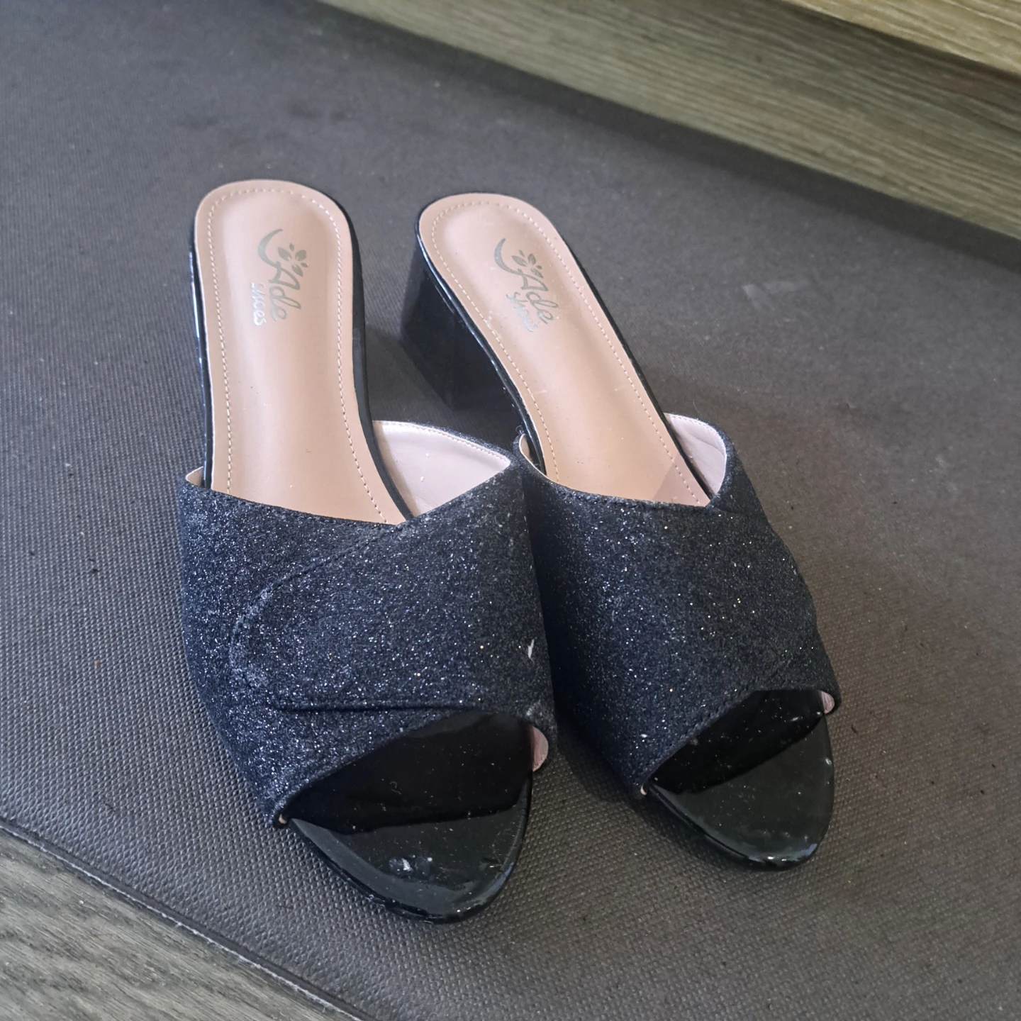 Ada Shoes Black Glitter Block Heel Mules