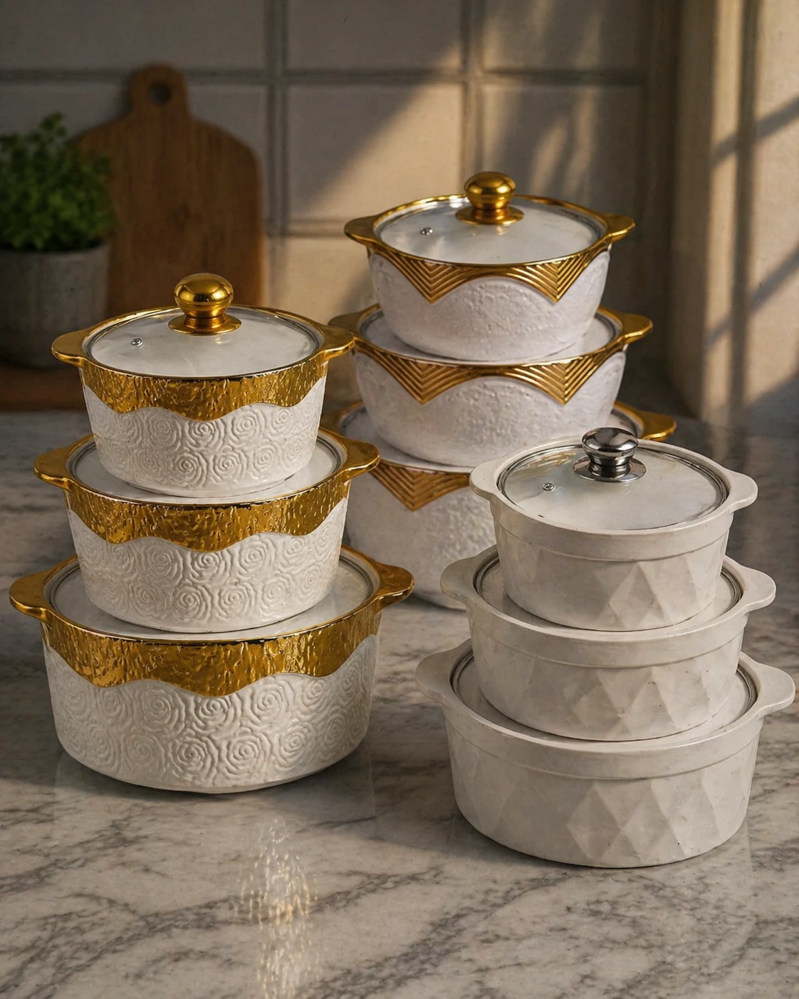 White and Gold Ceramic pots 3 pieces Set