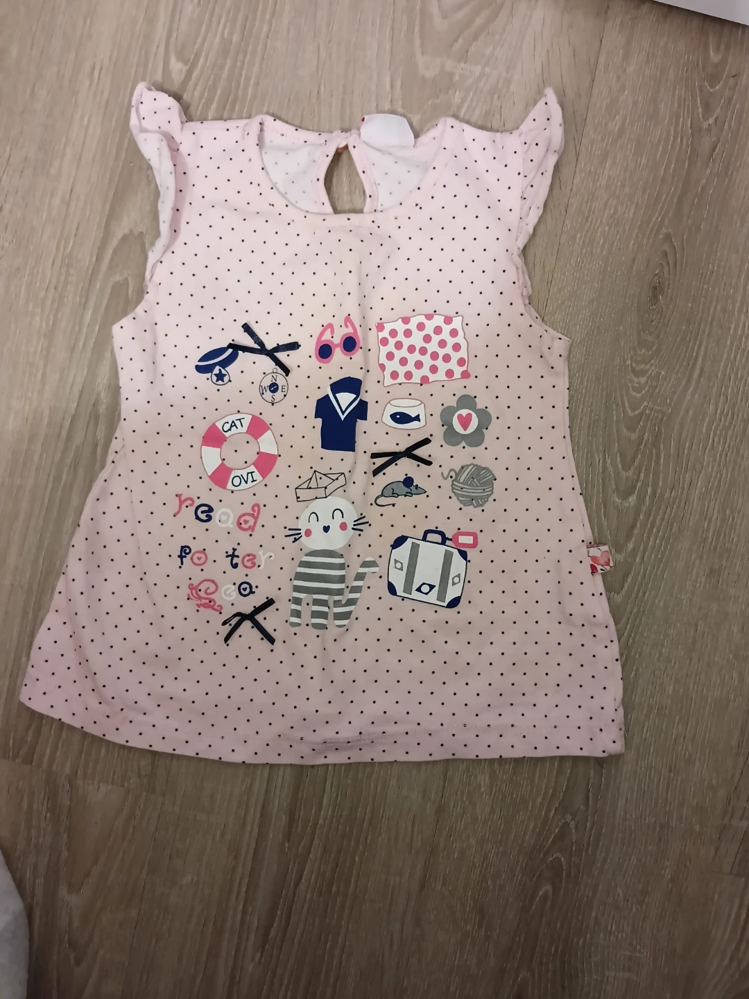 Baby Girl's Pink Polka Dot Top with Cat and Nautical Graphics