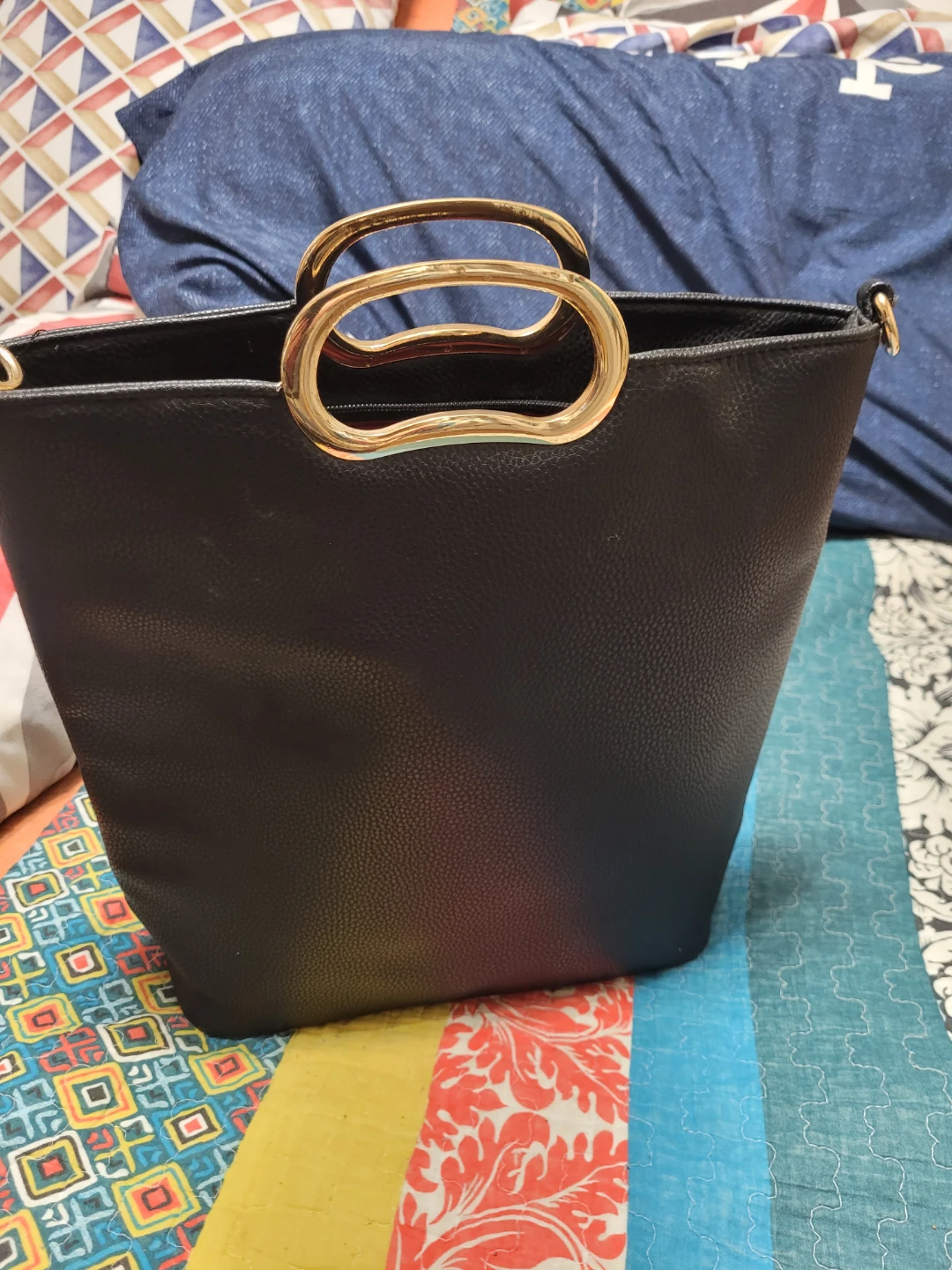 Black Faux Leather Bucket Bag with Gold Handles