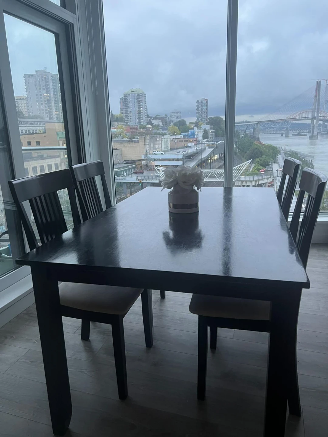 Dark Wood Dining Table with 4 Grey Upholstered Chairs - photo 3