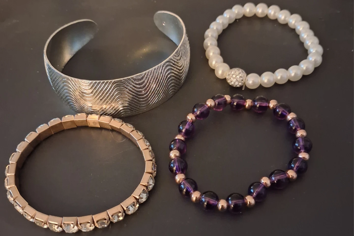 Set of 4 Bracelets - Cuff, Beaded, Pearl, and Rhinestone